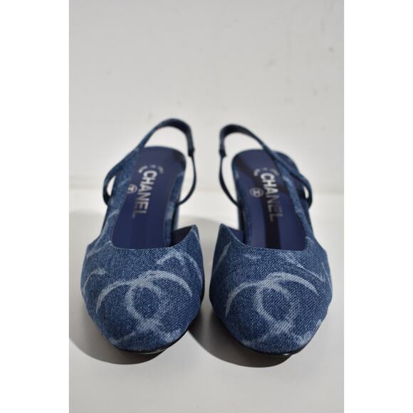 Chanel 23B Coco Sling Dark Blue Denim White CC Logo Slingback Block Heel 39 - Picture 6 of 12